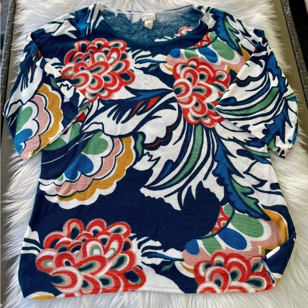 Chico's Womens Tunic Top Size 1 (US M) Blue Multicolor Floral Print